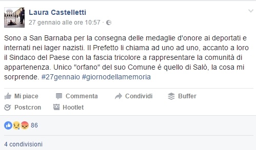 Commemorazione deportati, assente il sindaco di Salò: è polemica