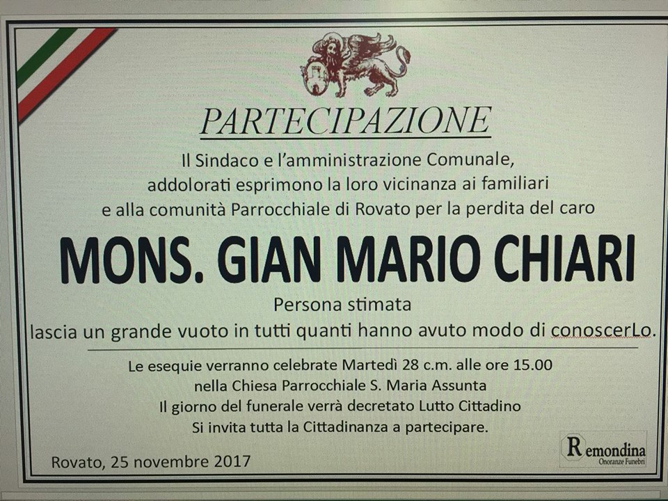Addio monsignore oggi i funerali di Gian Mario Chiari