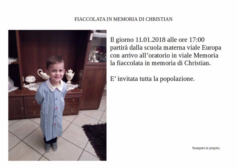 Alle 17 una fiaccolata per il piccolo Christian