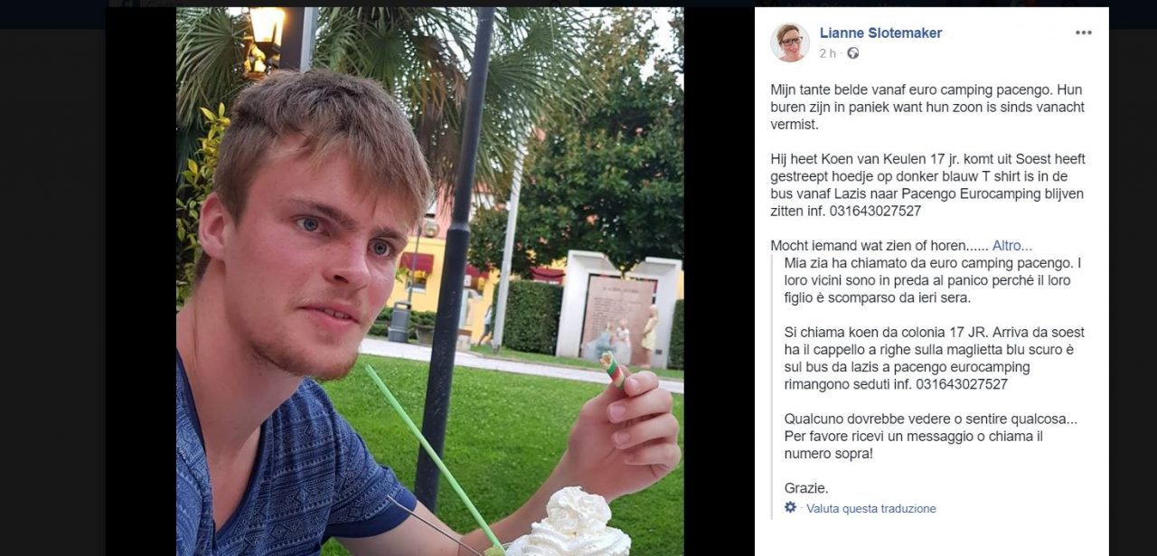 Scomparso ragazzo dall’Eurocamping di Pacengo