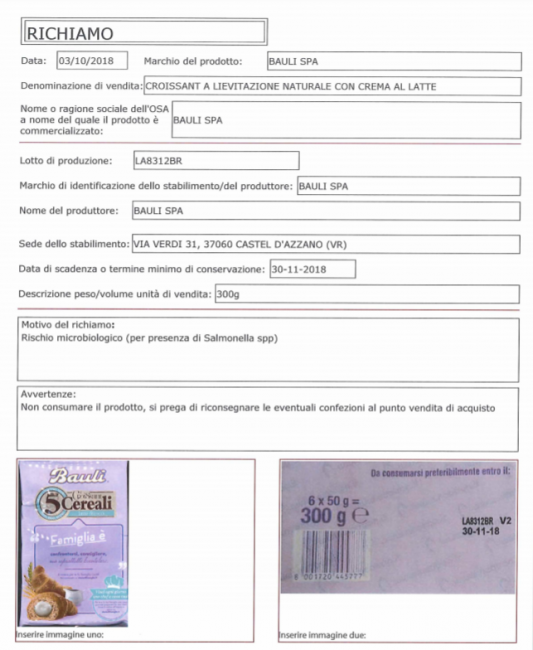 Rischio Salmonella per croissant Bauli, escherichia coli nella formaggella brianzola