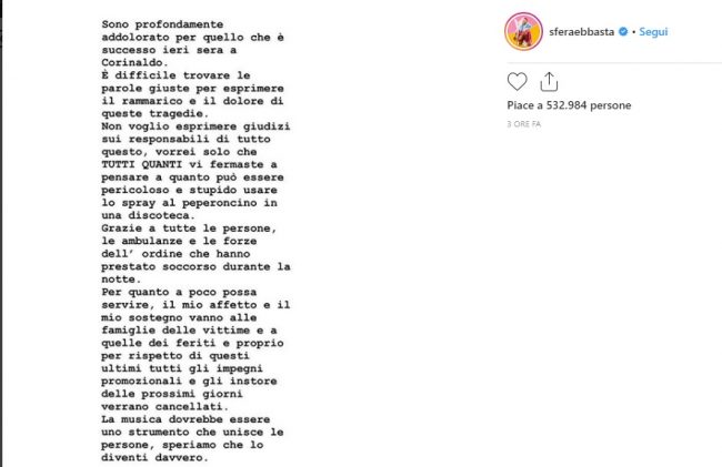 Tragedia in discoteca Sfera Ebbasta si ferma in segno di lutto