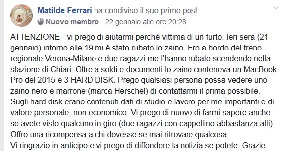Scippo dello zaino sul treno: offre ricompensa a chi le ritrova l’hard disk