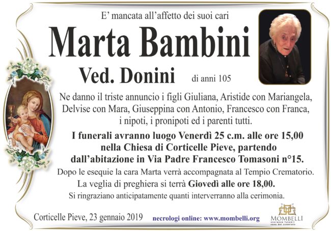 Addio alla seconda donna più anziana della Provincia