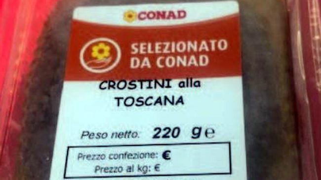 Plastica nei “Crostini alla Toscana”, Conad ritira intero lotto