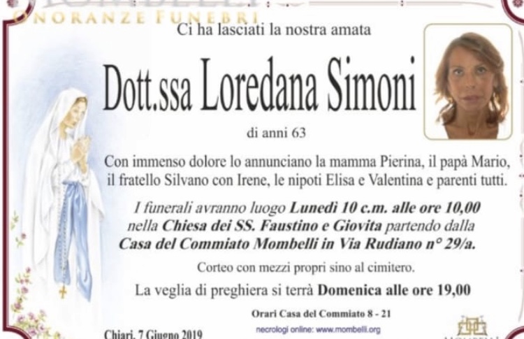 Chiari piange la dottoressa Loredana Simoni