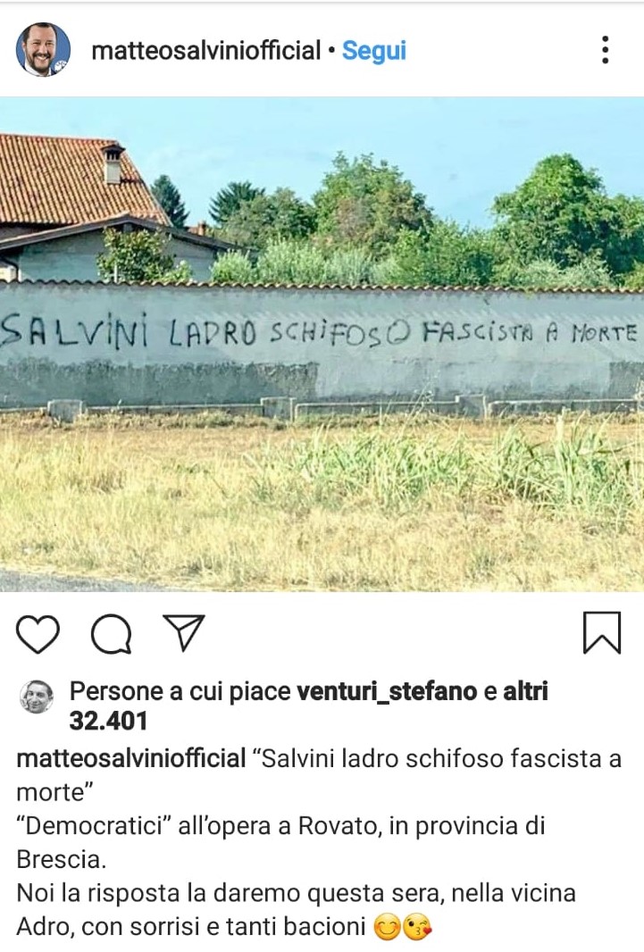 Offese e ingiurie contro Salvini a Rovato, ma lui ad Adro ci ride sopra