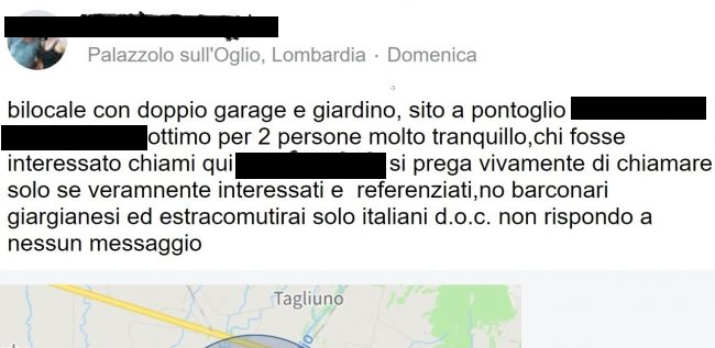 Annuncio razzista: “Non affitto casa ai giargianesi”