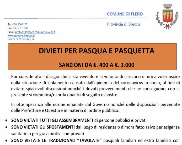 Flero Restrizioni e severi controlli per Pasqua e Pasquetta