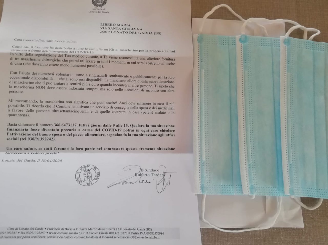 Lonato: ulteriore consegna di mascherine chirurgiche donate dal comune