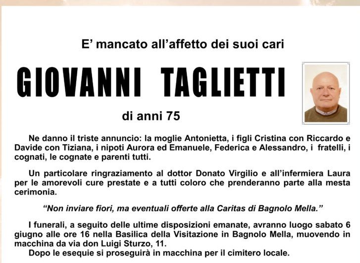Bagnolo Mella piange Giovanni Taglietti