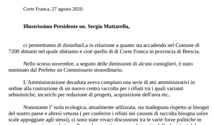 Polo per la Sicurezza: la lista Uniti per Corte Franca scrive a Mattarella