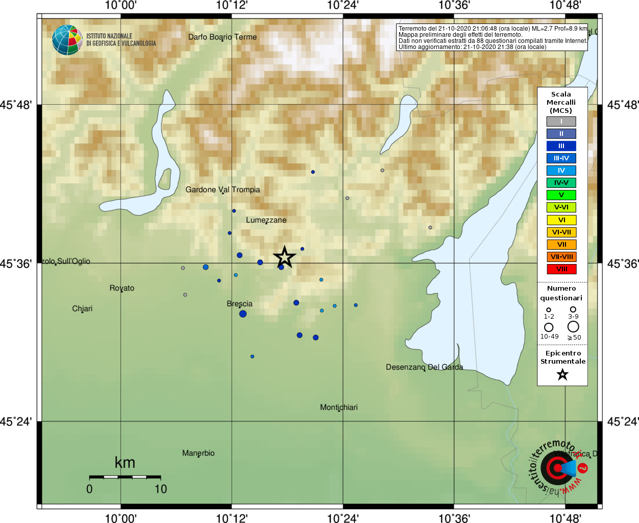 Terremoto a Caino, percepito in metà provincia