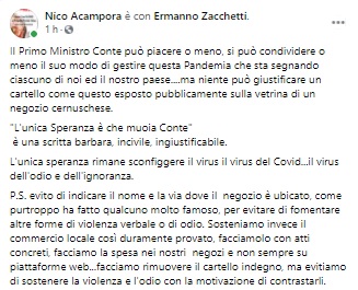 Un negozio augura la morte del premier Conte: bufera nazionale