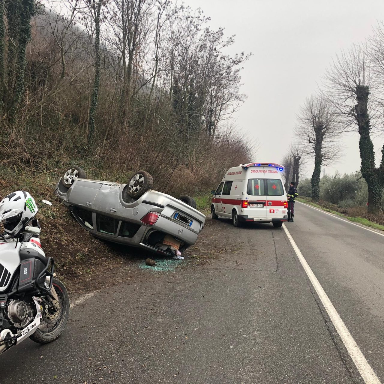 Auto finisce contro un albero e si ribalta