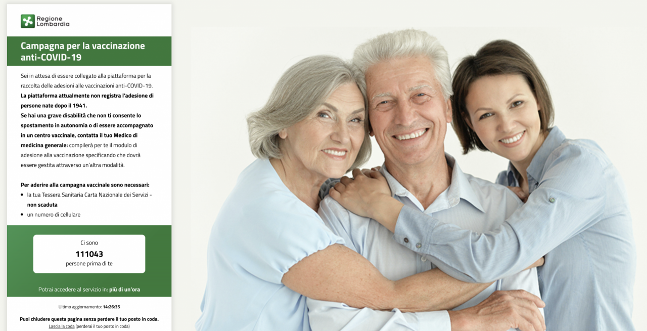 Oltre 100mila persone in «coda» per prenotare il vaccino degli Over80