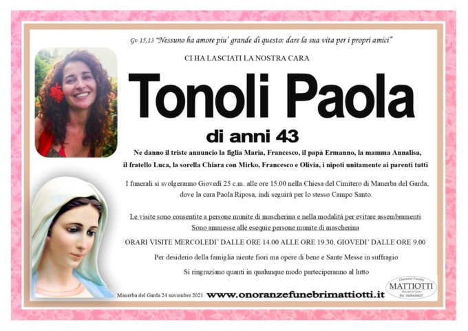 Paola Tonoli,  i funerali si terranno domani a Manerba del Garda