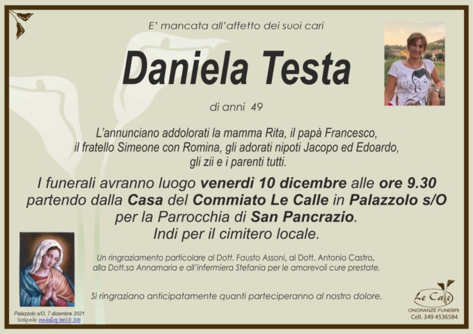 Altra triste perdita per la comunità di San Pancrazio in meno di 24 ore, Daniela Testa si è spenta a soli 49 anni