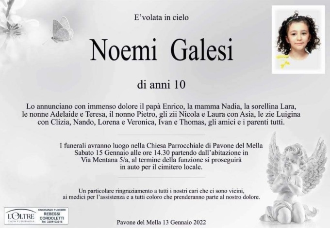 “Addio piccola guerriera”: tutta la comunità piange la piccola Noemi Galesi