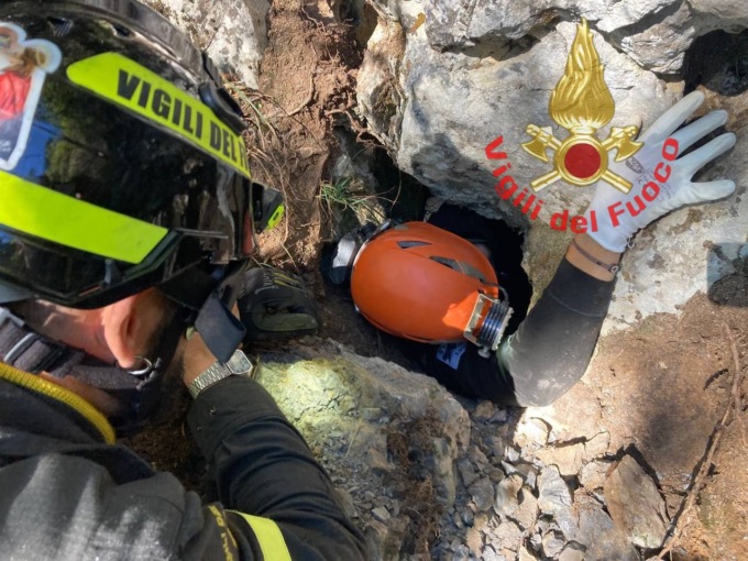Pompieri recuperano un cane da una cavità di 15 metri