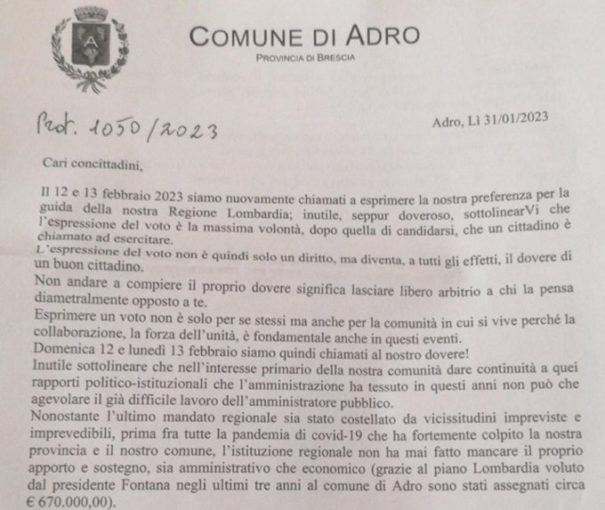 Propaganda elettorale su carta intestata del Comune: è polemica ad Adro