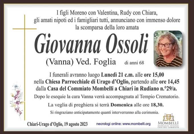 Urago d’Oglio piange Giovanna (Vanna) Ossoli, storica commerciante
