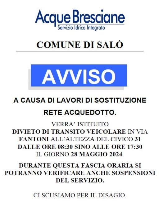 Salò, divieto di transito per i lavori dell’acquedotto