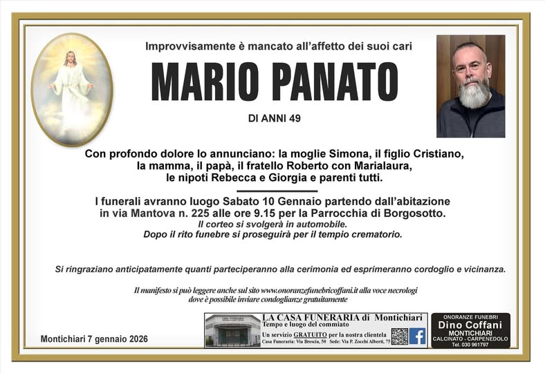 L’addio a Mario Panato, morto improvvisamente nel sonno: questa mattina l’ultimo saluto