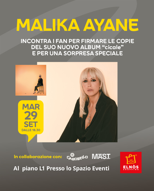 Malika Ayane a Elnòs Shopping per il firmacopie di “cicale”